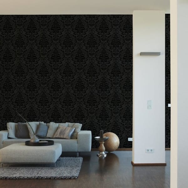 Floral Damask Living Room Wallpaper In Black